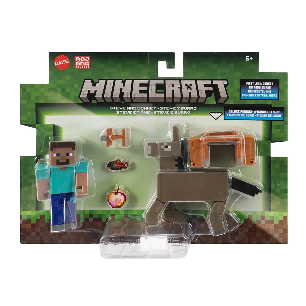 Packaged Minecraft Steve and Donkey 2-pack with figure, donkey, saddle, chest, golden apple, carrot, and bridle, displayed in green pixel-themed retail box by Mattel.