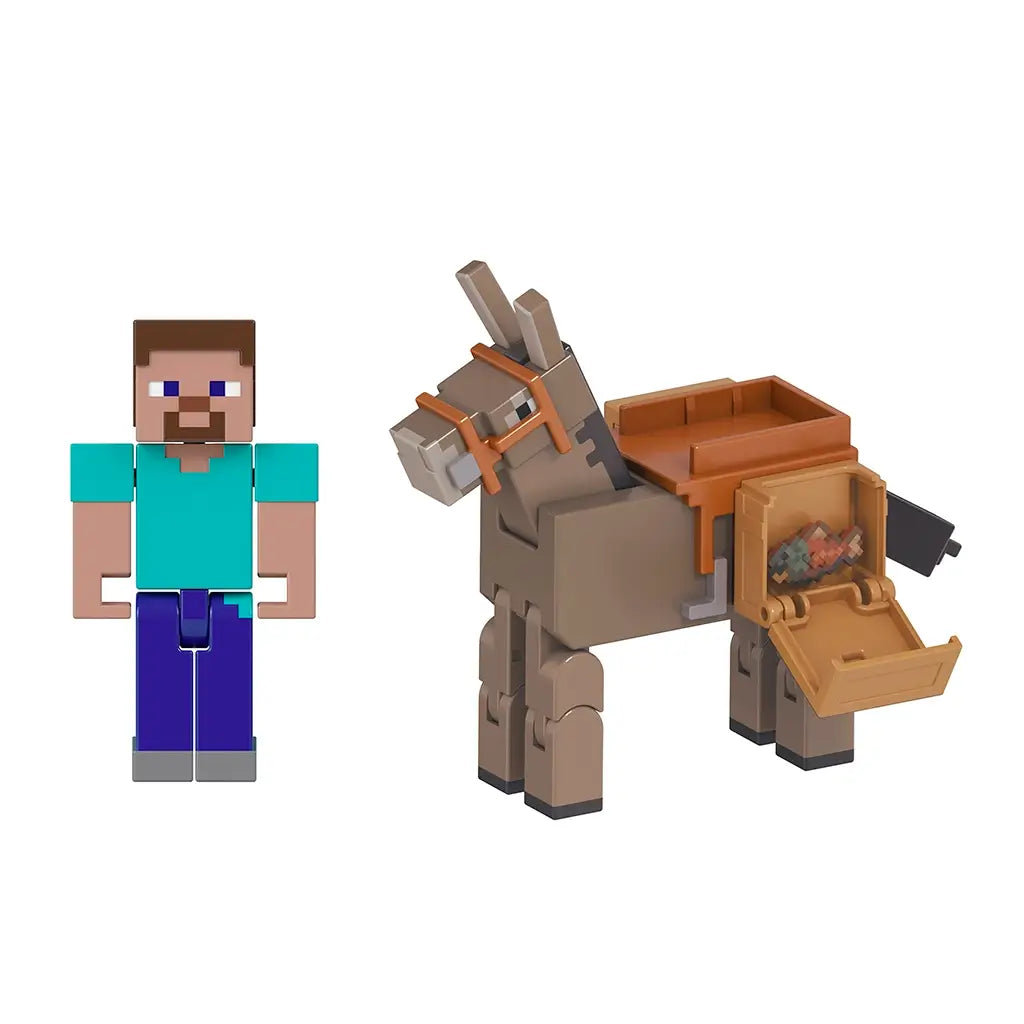 Minecraft Steve standing beside donkey with open saddle chest revealing fish accessory inside, shown in pixel-style blocky design against white background.