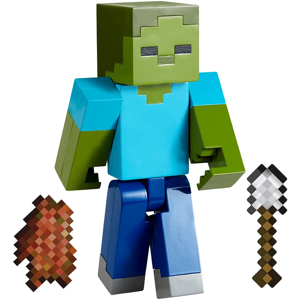 Minecraft Zombie action figure with pixelated design, shown with rotten flesh and pixelated shovel accessories for imaginative adventures.