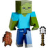 Minecraft Zombie action figure with pixelated design, shown with rotten flesh and pixelated shovel accessories for imaginative adventures.