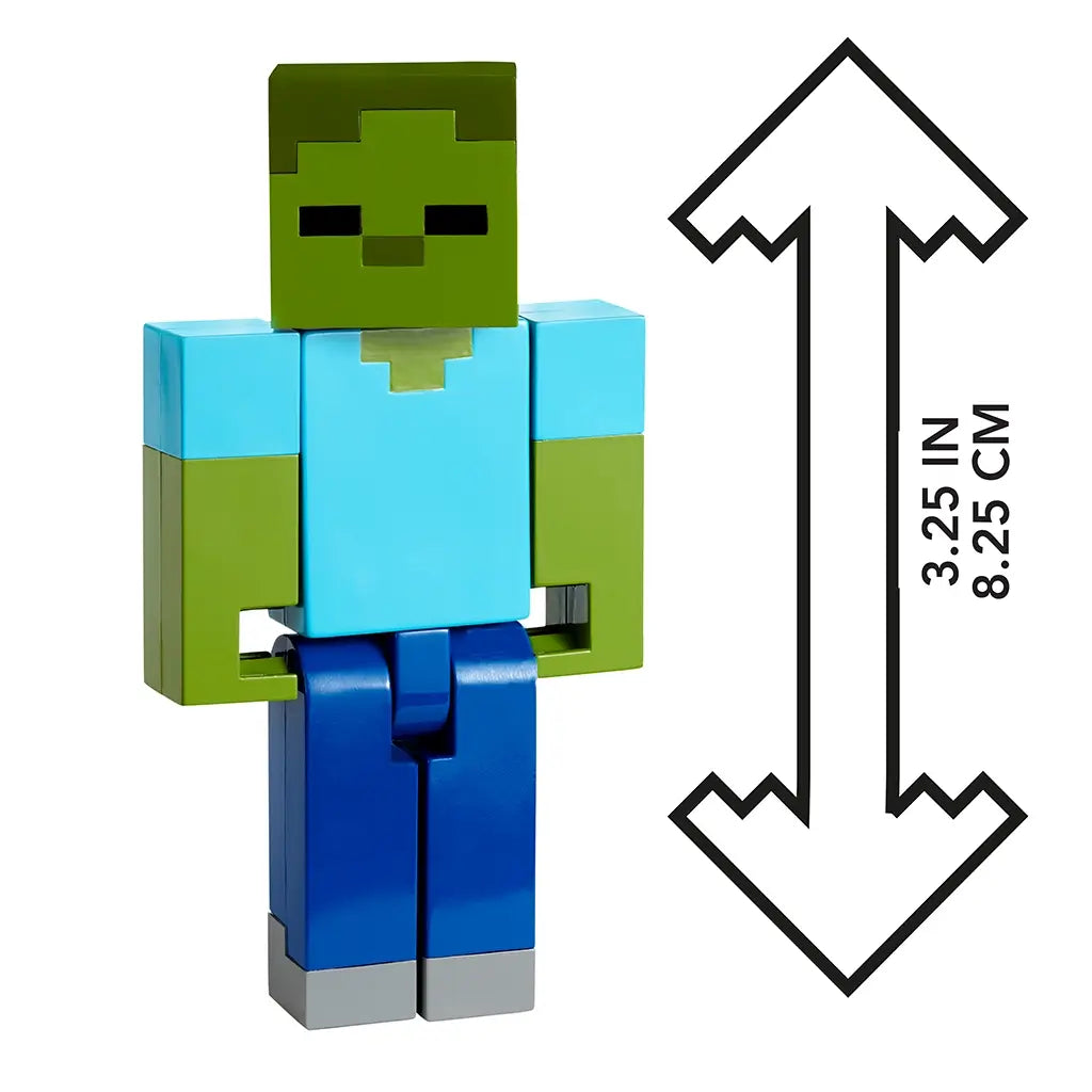 Minecraft Zombie action figure measuring 3.25 inches (8.25 cm) tall, featuring pixelated blocky design in green, blue, and gray colors.