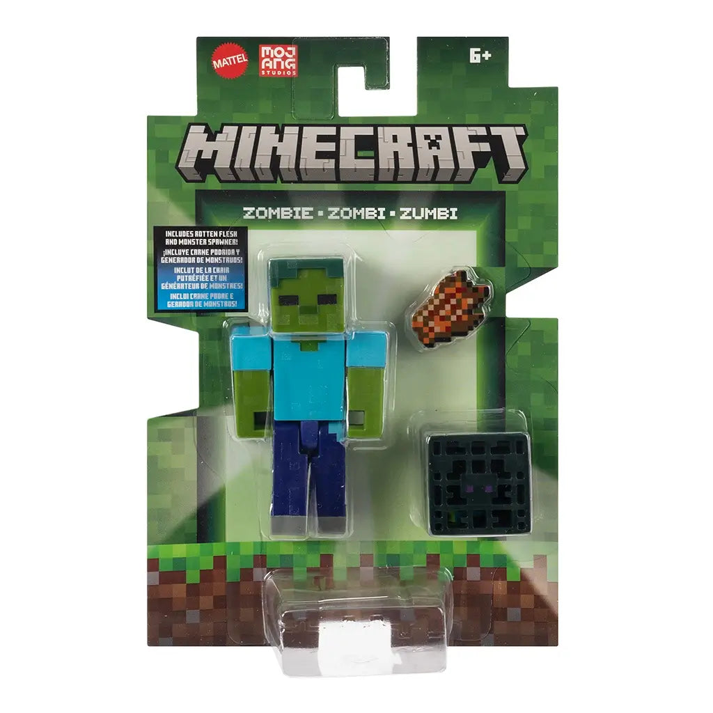 Minecraft Zombie action figure in retail packaging, includes monster spawner block and rotten flesh accessory for game-inspired play.