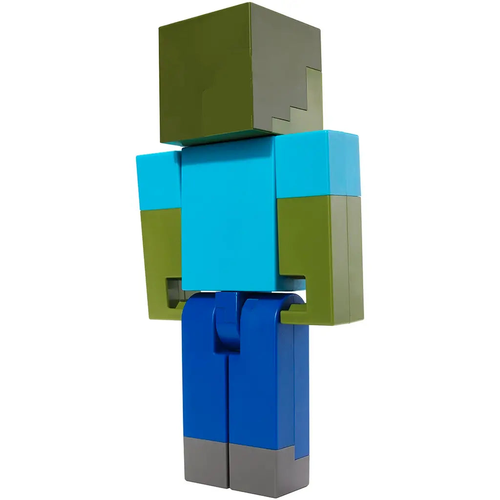 Rear angled view of Minecraft Zombie 3.25-inch action figure, highlighting blocky pixelated design and bright blue shirt with green skin.