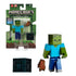 Minecraft Zombie 3.25-inch action figure with pixelated green skin, blue shirt, and blue pants, shown with monster spawner and rotten flesh accessory.