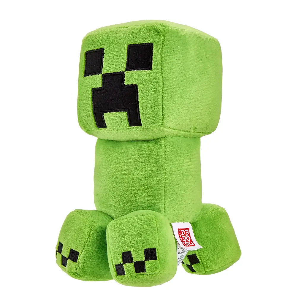Minecraft Creeper 8-inch plush in vivid green velour fabric with soft texture, cubic head shape, stitched black pixel face, short rectangular legs, and angled three-quarter view on white background.