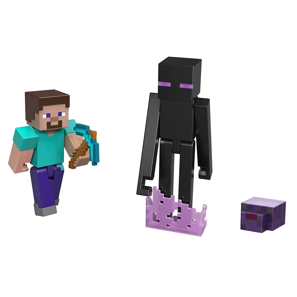 Minecraft Enderman Encounter playset with Steve, Enderman, diamond pickaxe, purple base, and extra pixelated accessory for imaginative adventures.