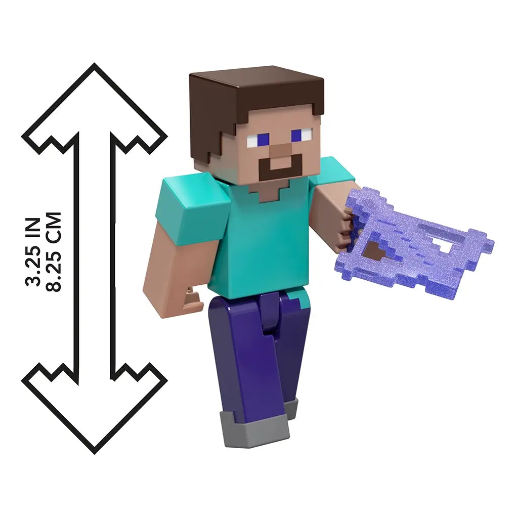Close-up of Minecraft Steve figure from Enderman Encounter playset holding pixelated weapon, with height measurement of 3.25 inches shown.