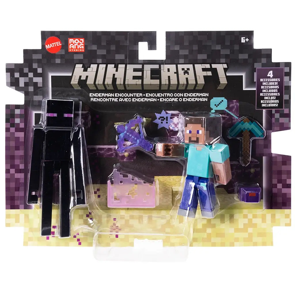Minecraft Enderman Encounter 3.25-inch action figure playset in packaging, featuring Steve, Enderman, and pixelated accessories for imaginative gameplay.