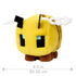 Minecraft bee plush shown in front-angled view with fuzzy yellow and brown blocky body, black square eyes, felt wings, and text overlay indicating 8-inch size.