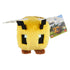 Minecraft bee plush with yellow fur, black pixel eyes, brown legs, and white wings, displayed with attached product tag featuring game artwork in front view.
