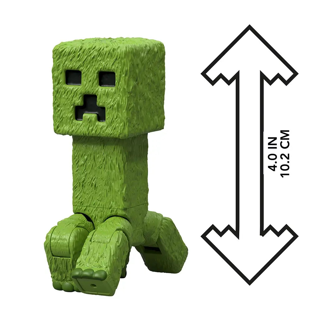 Green Creeper action figure from Minecraft Movie collection, standing 4 inches tall with textured blocky design, square head, and articulated legs shown with measurement scale.
