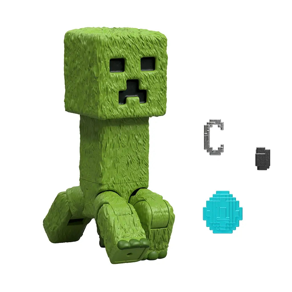 Detailed closeup of Minecraft Creeper toy showing green textured blocky surface, square head, and iconic pixelated black eyes and mouth from the popular video game.