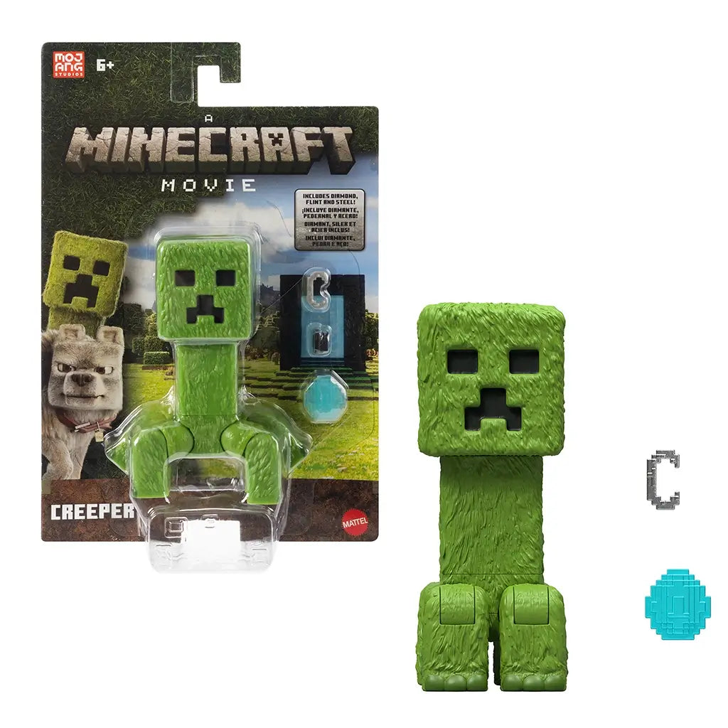 Minecraft Creeper action figure by Mattel in retail packaging, featuring green textured plastic, square head, pixelated face, and accessories against a blocky landscape backdrop.
