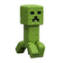Close view of Minecraft Creeper figure in textured green plastic with square head, pixelated black facial features, and articulated legs positioned for display.