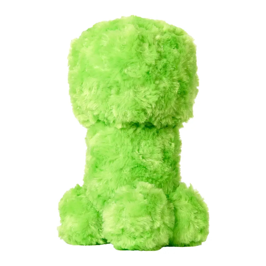 Rear view of bright green Minecraft Creeper plush with fluffy faux fur texture, blocky cylindrical body, and rounded legs, displayed on white background.
