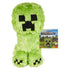 Minecraft Creeper plush toy, bright green faux fur with black stitched pixel face, shown with branded Minecraft Movie tag against a white background.