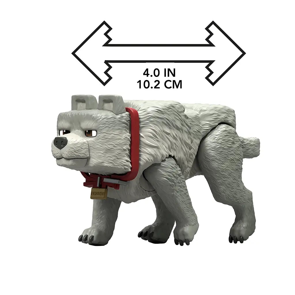 Minecraft Movie Dennis figure in 4-inch scale shows a blocky gray wolf design with red collar and name tag, positioned under bold arrow graphics showing exact toy measurement.