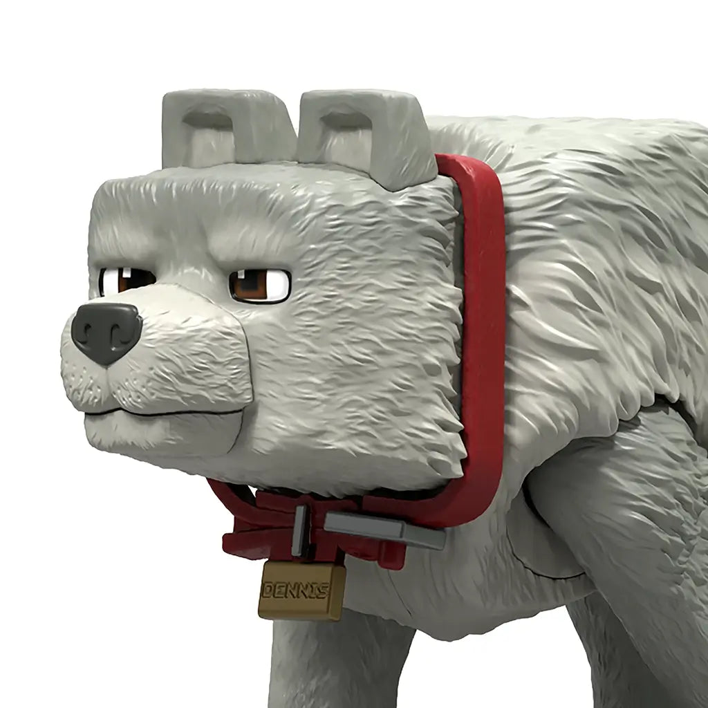 Minecraft Movie Dennis action figure closeup shows a gray textured wolf-like character with square features, red collar, and gold name tag, designed in a 3.25-inch collectible scale.