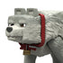 Minecraft Movie Dennis action figure closeup shows a gray textured wolf-like character with square features, red collar, and gold name tag, designed in a 3.25-inch collectible scale.