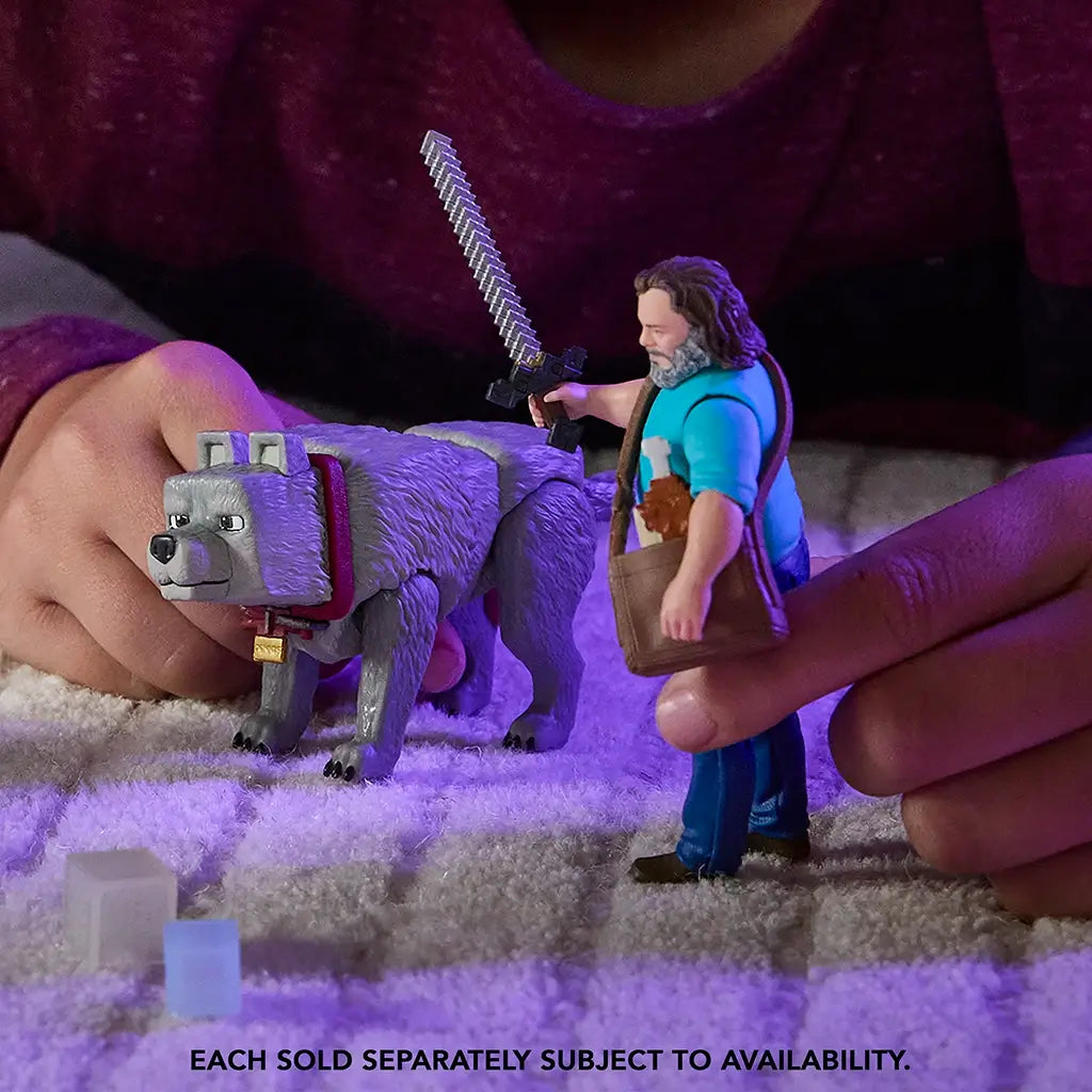 Child playing with Minecraft Movie Dennis action figure and companion character figure, both styled with blocky textures, on a soft rug setting under ambient lighting.