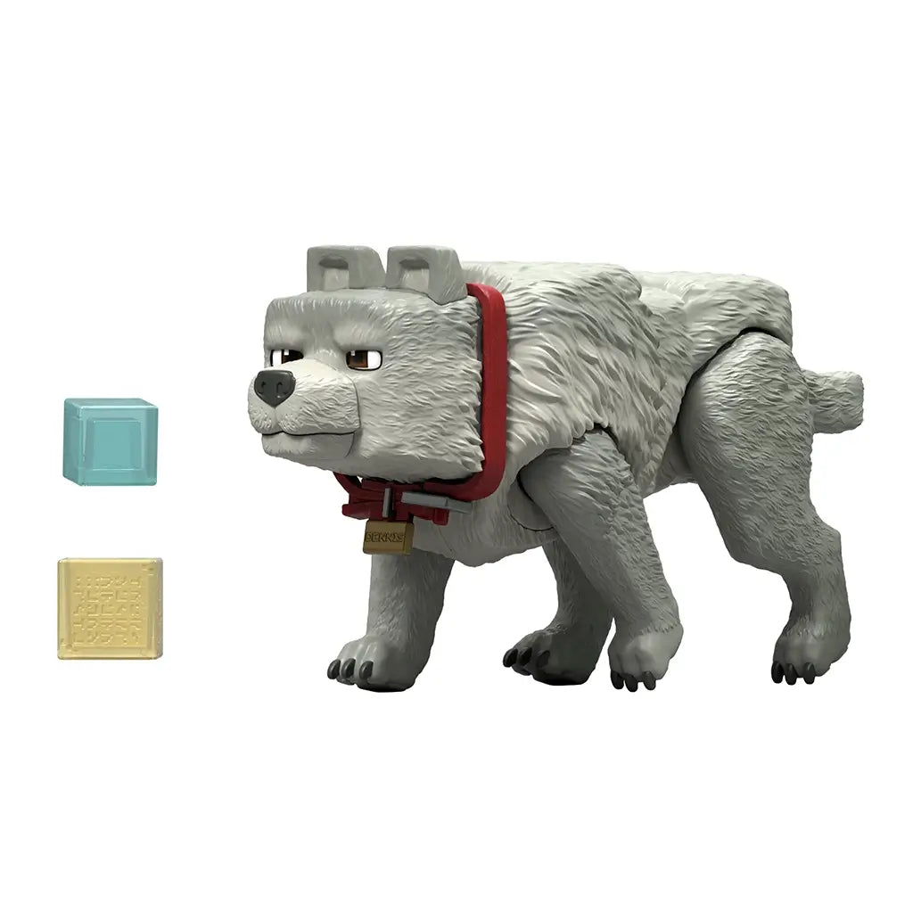 Minecraft Movie Dennis action figure displayed with blue and yellow cube accessories, showing gray textured wolf design with removable red collar and gold name tag.