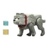 Minecraft Movie Dennis action figure displayed with blue and yellow cube accessories, showing gray textured wolf design with removable red collar and gold name tag.