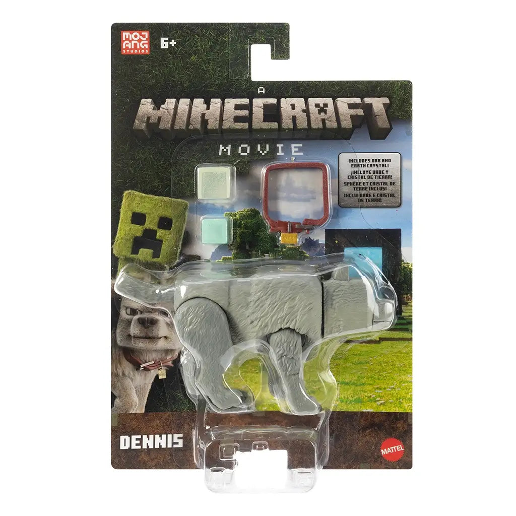 Packaged Minecraft Movie Dennis action figure by Mattel in retail box, featuring wolf character with red collar, game-inspired cube accessories, and branded background artwork.