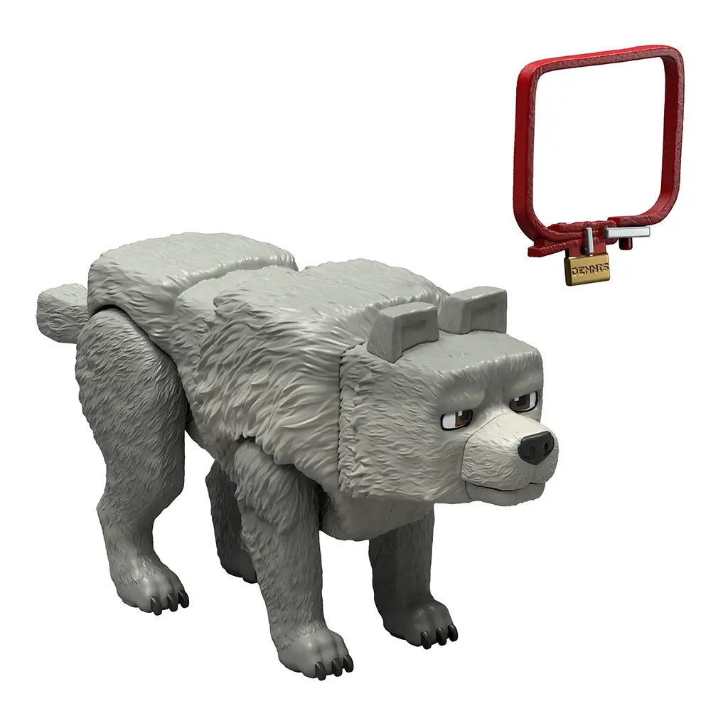 Minecraft Movie Dennis action figure displayed with a detachable red square collar and gold name tag, highlighting blocky textured gray fur and signature pixel-style details.