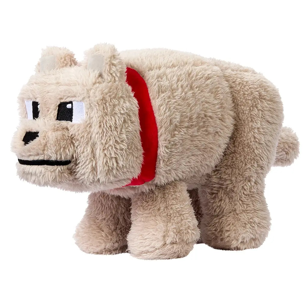 Angled view of Minecraft Dennis plush wolf, featuring blocky cube-like body, soft beige fabric, pixelated embroidered eyes, short tail, and bright red collar in official movie style.