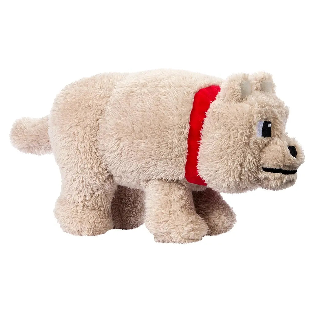 Side profile of Minecraft Dennis plush wolf, made of soft beige material with red collar, short cube-like legs, small rounded tail, and embroidered pixel-style facial features.