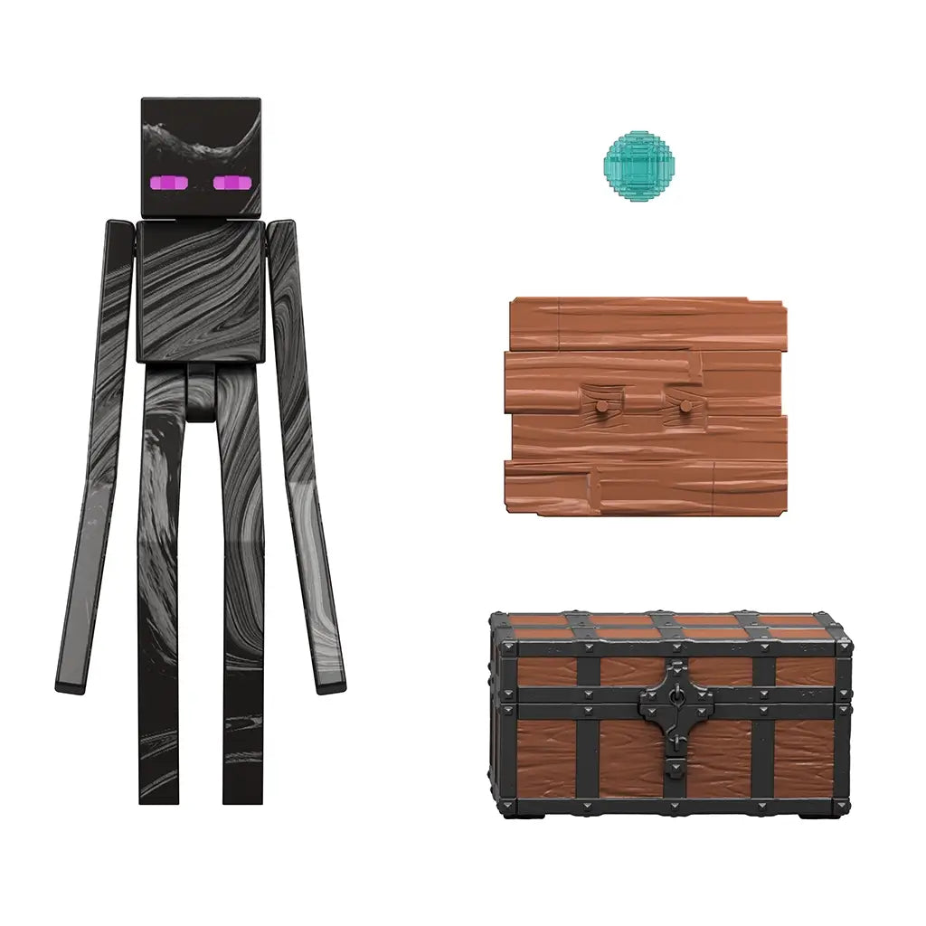 Minecraft Enderman action figure accessories displayed on white background, featuring a brown wood-textured chest, removable lid, and a translucent teal Ender Pearl, designed to recreate in-game interactions and storage play.