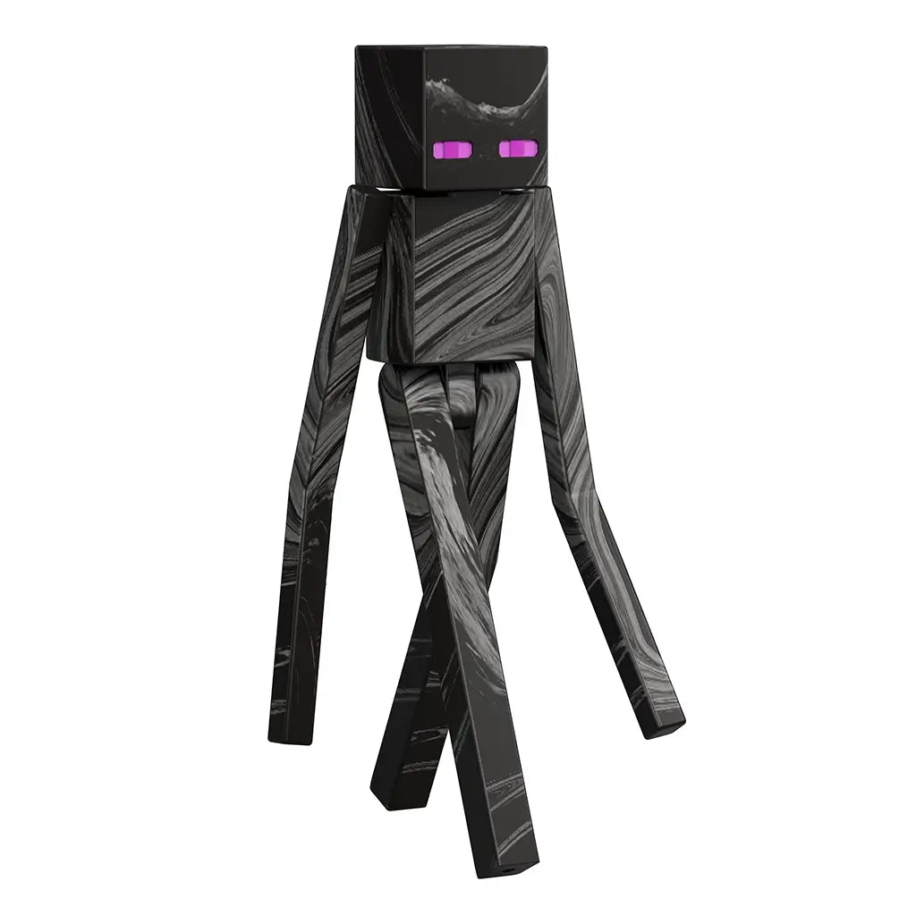 Minecraft Enderman action figure left angled view highlights long rectangular arms and legs, marbled black surface pattern, square head, and purple eyes, showcasing articulation and signature Minecraft block-style design.