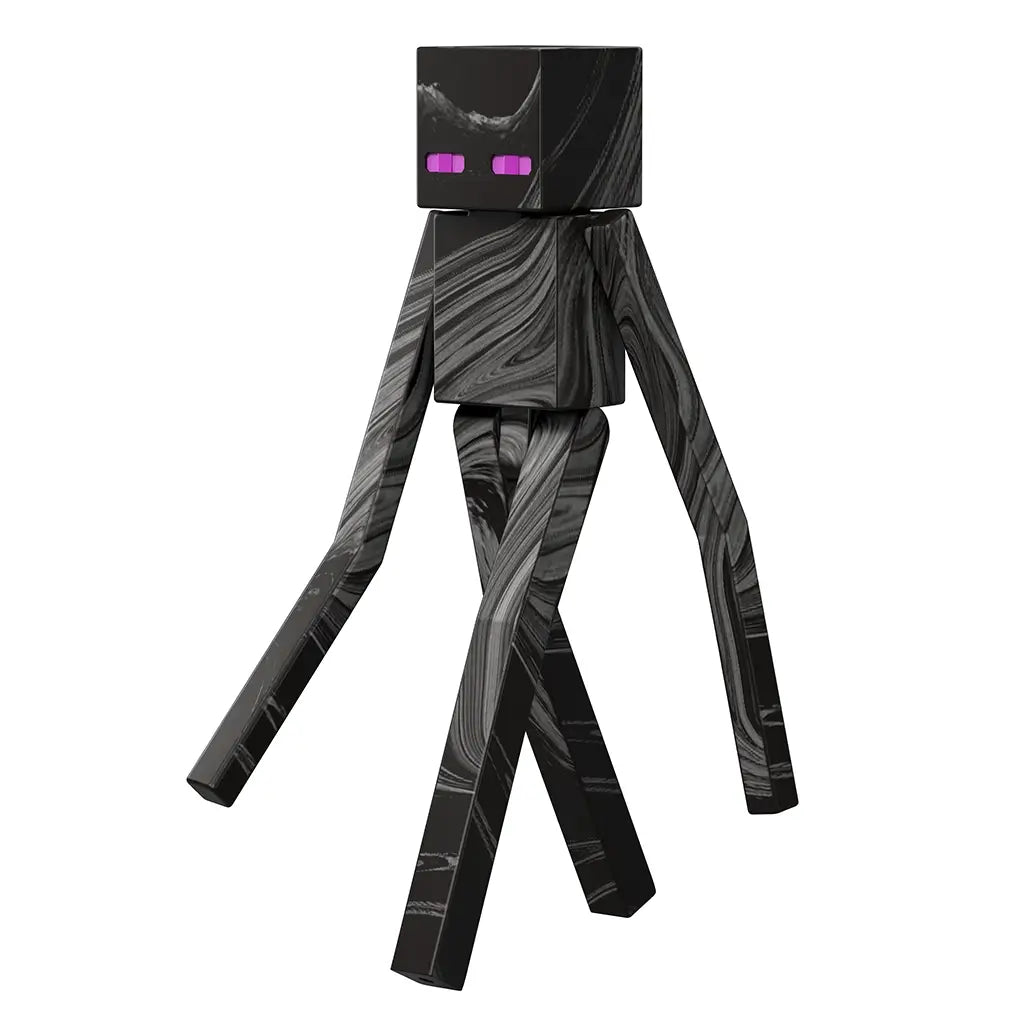 Minecraft Enderman action figure right angled view shows elongated limbs, smooth matte plastic finish, dark swirling texture, and minimal facial features, capturing the eerie silhouette and game-accurate appearance of the Enderman.