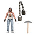 Minecraft Movie Garrett accessories displayed separately, including gray plastic pickaxe and articulated dark chain weapon with weighted ends, molded with angular textures to recreate combat tools inspired by the Minecraft movie universe.