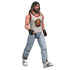 Minecraft Movie Garrett action figure left angled view highlights muscular arms, fingerless gloves, sleeveless lion tank top, ripped jeans, and articulated joints, showcasing detailed sculpting and poseability from the side.