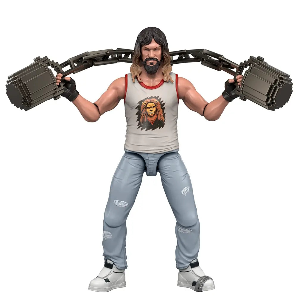 Minecraft Movie Garrett action figure posed holding chain weapon overhead, showing flexible articulation, balanced stance, sleeveless outfit details, and expressive facial sculpt, demonstrating dynamic action play possibilities.