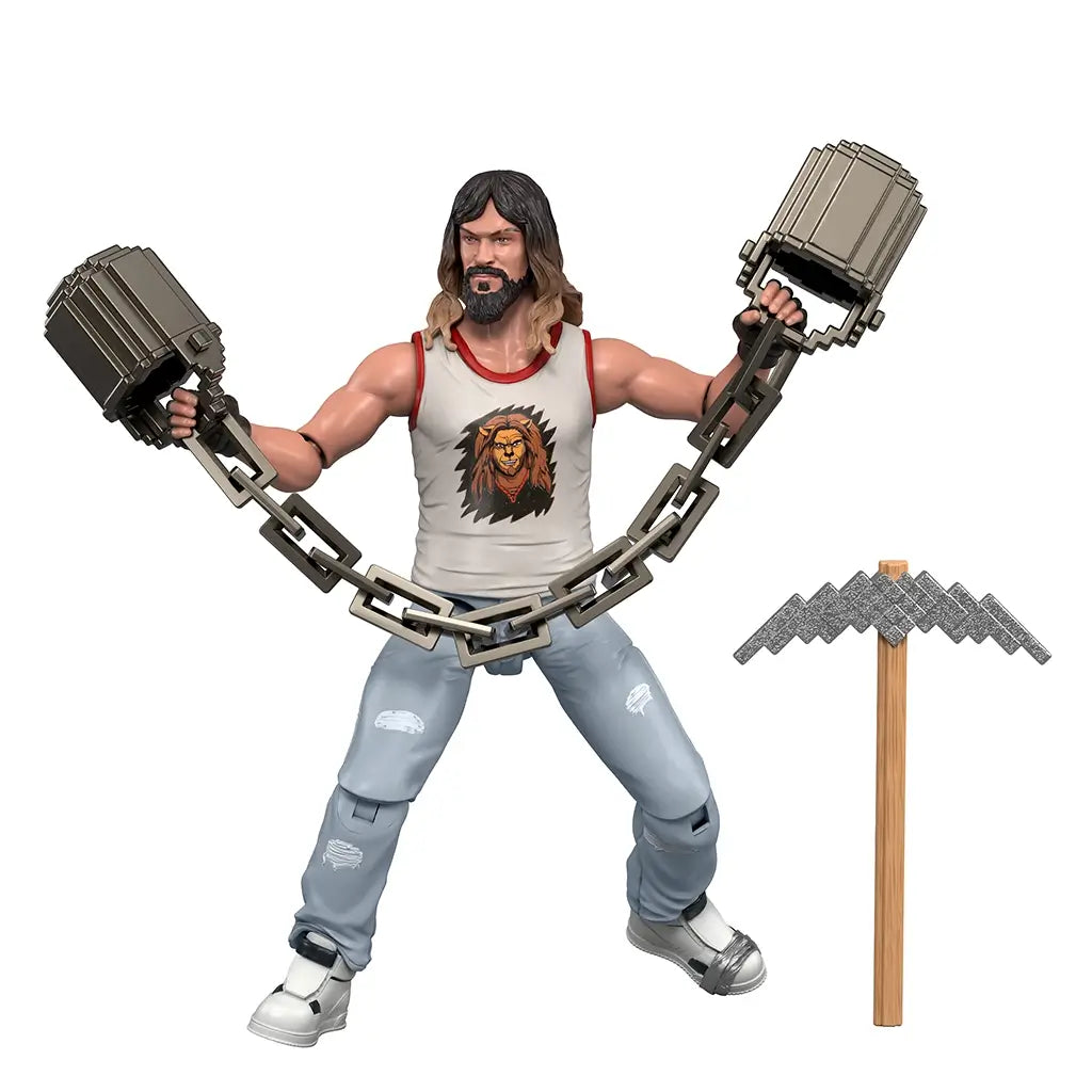 Minecraft Movie Garrett action figure posed with extended chain weapon and pickaxe accessory, highlighting joint mobility, sturdy plastic construction, and combat-ready styling inspired by scenes from the Minecraft movie.