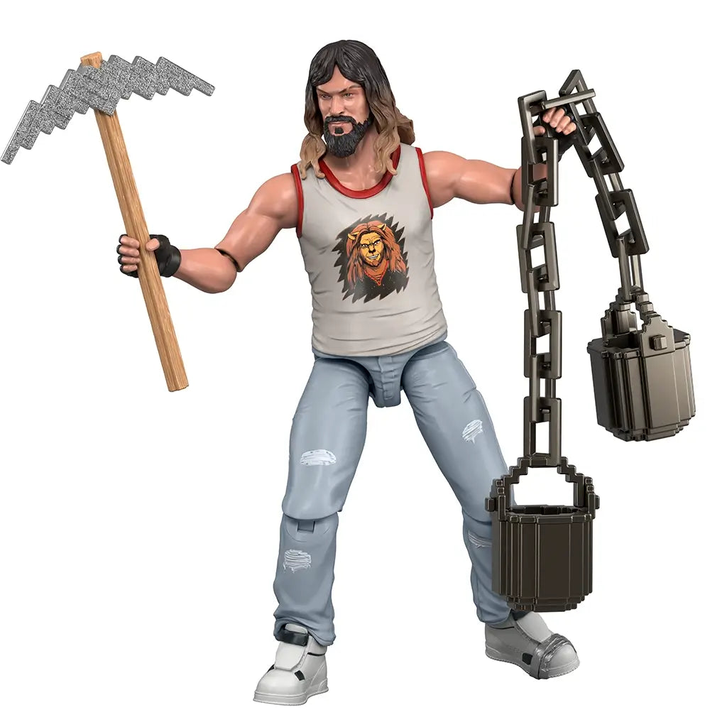Minecraft Movie Garrett action figure shown in natural skin tones with brown and black colors, featuring molded plastic muscles, long dark hair, beard, lion graphic tank top, jeans, and sneakers, depicting Garrett character for play and collection.