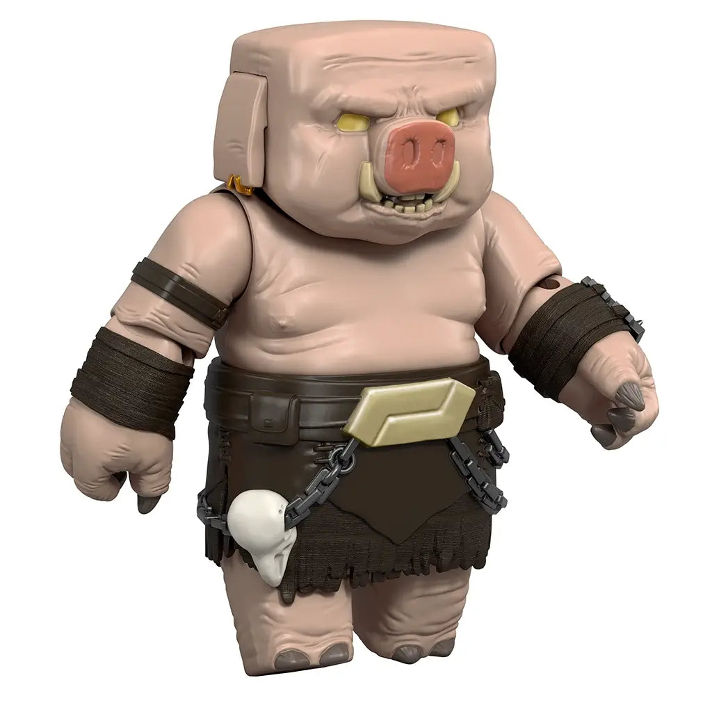 Minecraft Piglin Warrior action figure left angled view shows square pig head, yellow eyes, brown armor skirt, chain details, and wrist guards, emphasizing sculpted textures, articulation points, and game-inspired character design.