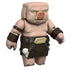 Minecraft Piglin Warrior action figure left angled view shows square pig head, yellow eyes, brown armor skirt, chain details, and wrist guards, emphasizing sculpted textures, articulation points, and game-inspired character design.