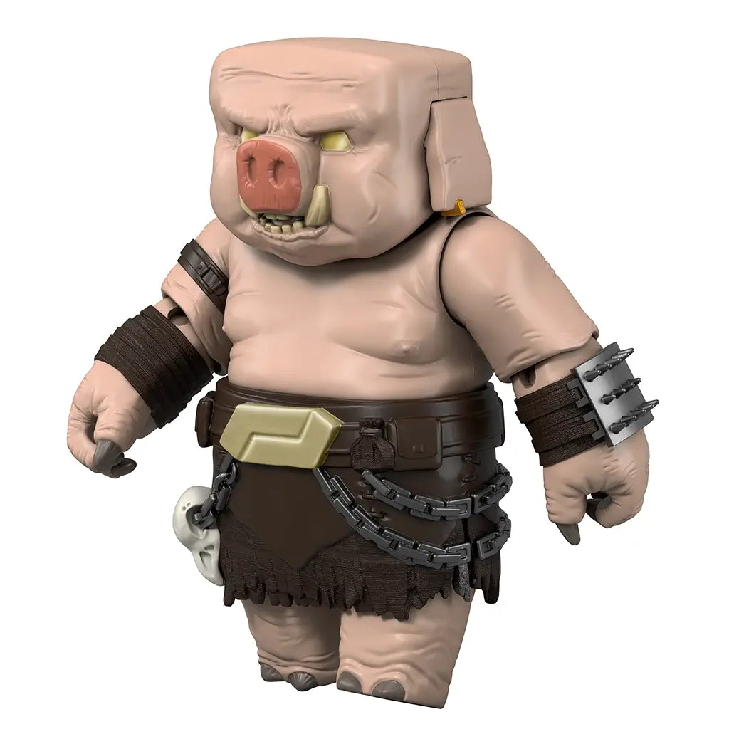 Minecraft Piglin Warrior action figure right angled view highlights blocky body form, pig snout with tusks, spiked arm guard, layered belt accessories, and matte plastic finish, reflecting the distinctive Minecraft movie aesthetic.