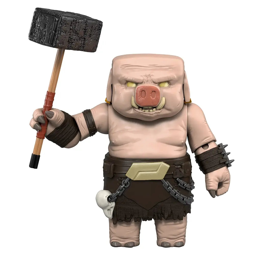 Minecraft Piglin Warrior action figure shown in light pink and brown colors, with blocky plastic texture, square head, pig snout, tusks, and armored skirt, representing a hostile Piglin character from the Minecraft movie universe.
