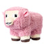 Angled view of Minecraft Movie pink sheep 8-inch plush, displaying soft pink fleece texture, cream-colored pixel face, stitched nose and mouth, square embroidered eyes, and sturdy blocky body shape.