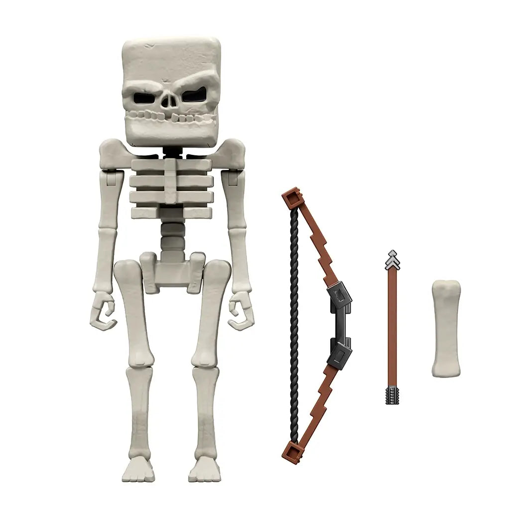 Minecraft Movie Skeleton action figure set showing white skeleton toy alongside detachable bow, arrow, and bone accessories on a plain white background.