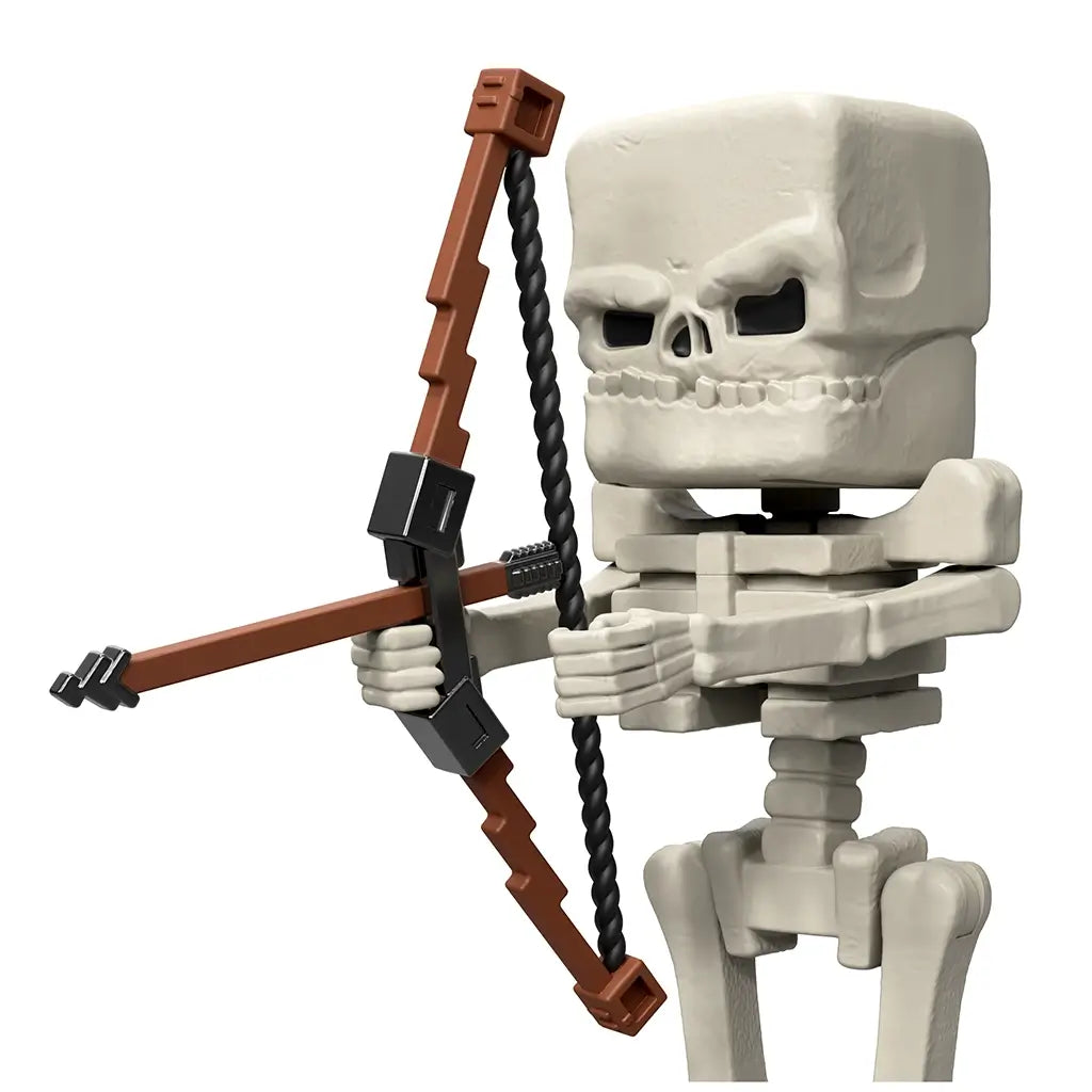 Close-up of Minecraft Movie Skeleton toy posed with blocky brown bow in hand, showcasing articulated arms, square skull, and pixel-style details.