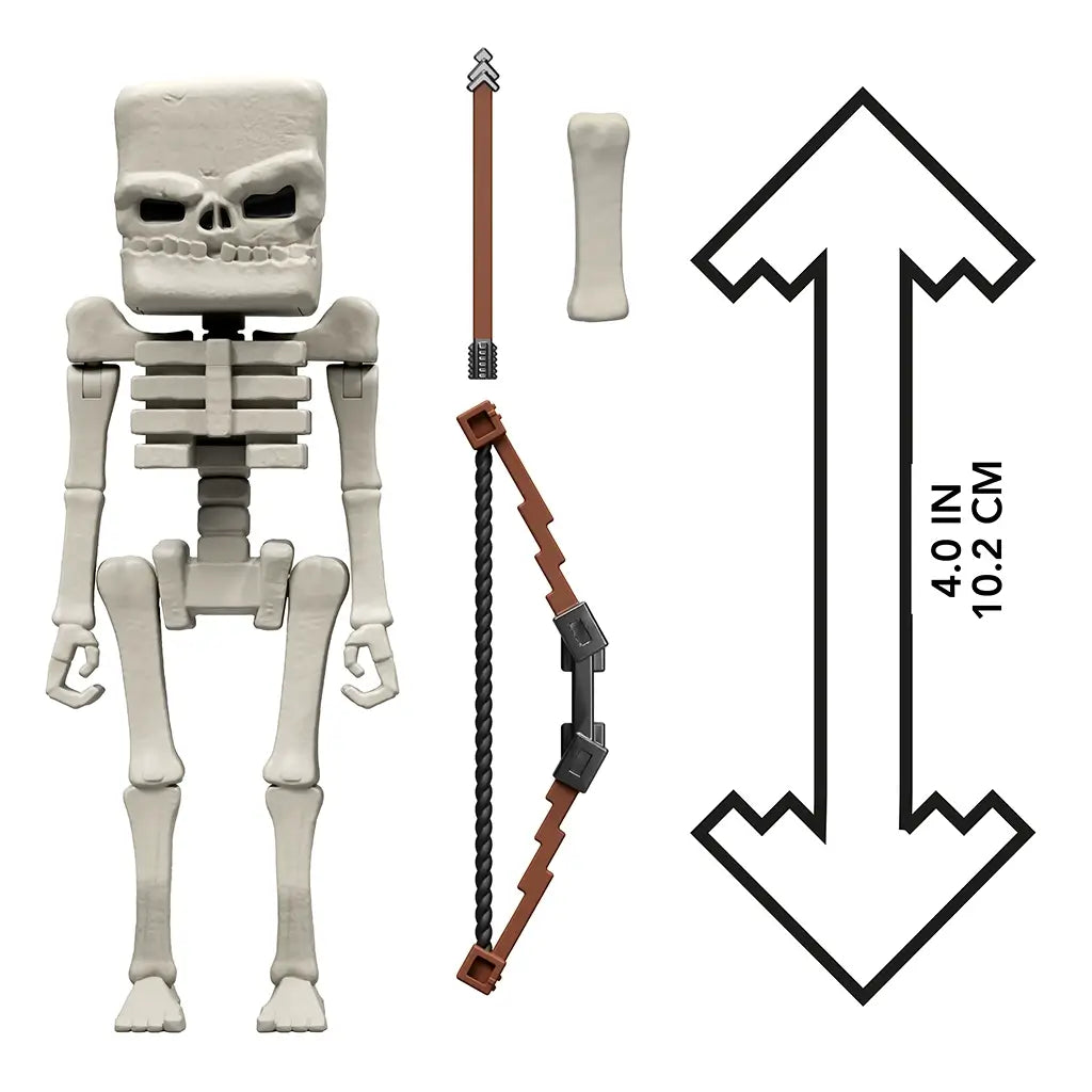 Minecraft Movie Skeleton action figure shown with bow, arrow, and bone accessories alongside measurement graphic indicating toy height of 4 inches (10.2 cm).