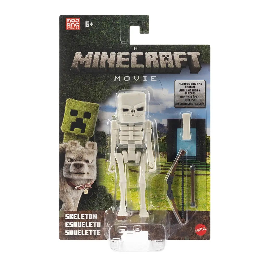 Minecraft Movie Skeleton action figure in retail packaging, featuring white blocky skeleton toy with bow, arrow, and bone accessory against pixel-style outdoor background.
