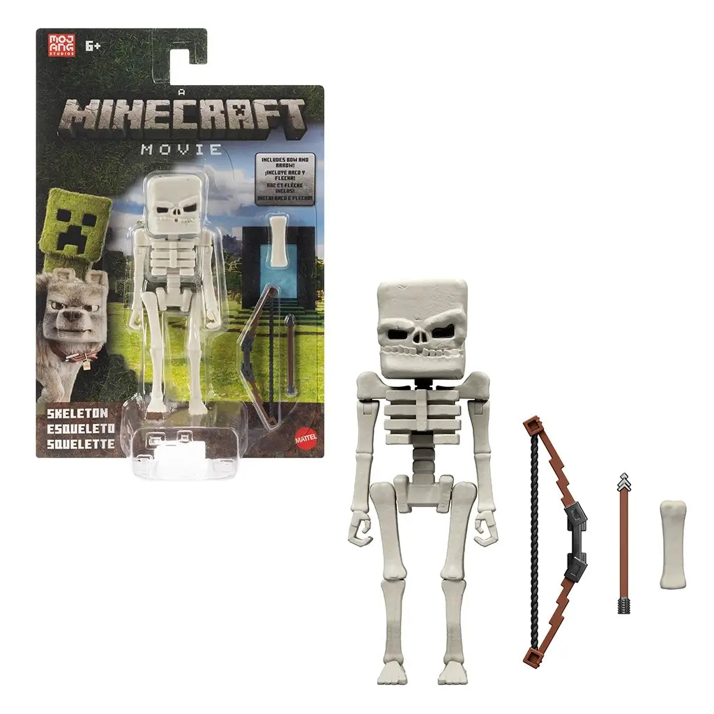 Minecraft Movie Skeleton toy shown outside retail box with bow, arrow, and bone accessories displayed separately next to packaged version of the figure.