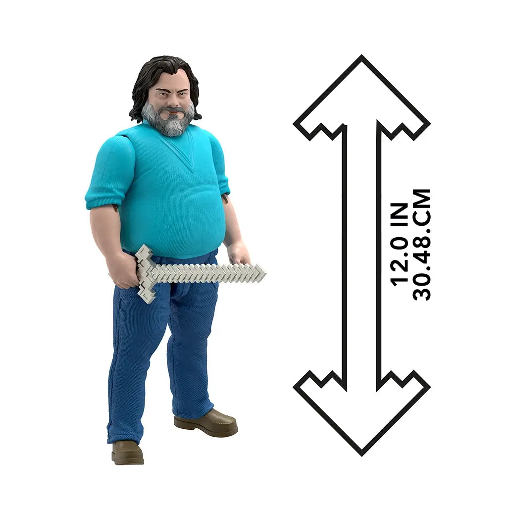 Minecraft Steve 12-inch action figure standing with pixelated silver sword beside graphic arrow showing 30.48 cm scale, wearing turquoise sweater and blue jeans.