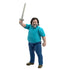 Poseable Minecraft Steve action figure with articulated arms and legs, shown lifting a pixelated silver sword, wearing turquoise sweater, blue jeans, and brown shoes.